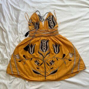 Anthropologie Yellow Embroidered Halter Mini Dress